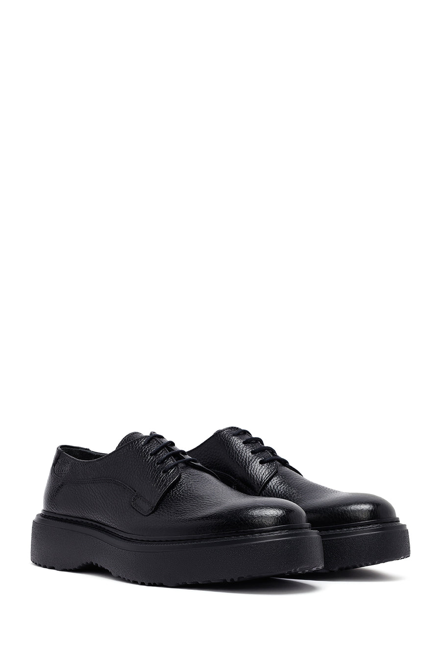 Men's Black Lace-Up Thick-Soled Leather Casual Shoes