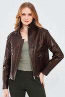 Edwina Women's Brown Leather Jacket with Removable Sleeves | Derimod