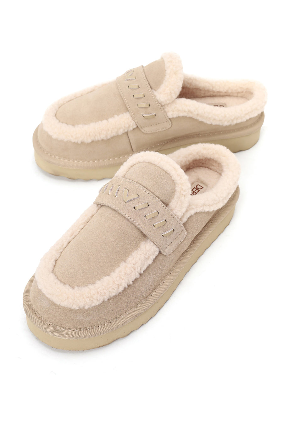 Woman Beige Thick-Soled Fur-Lined Suede Teddy Slipper