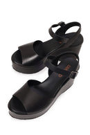 Woman Black Ankle-Buckle Wedge-Heel Leather Sandal | Derimod