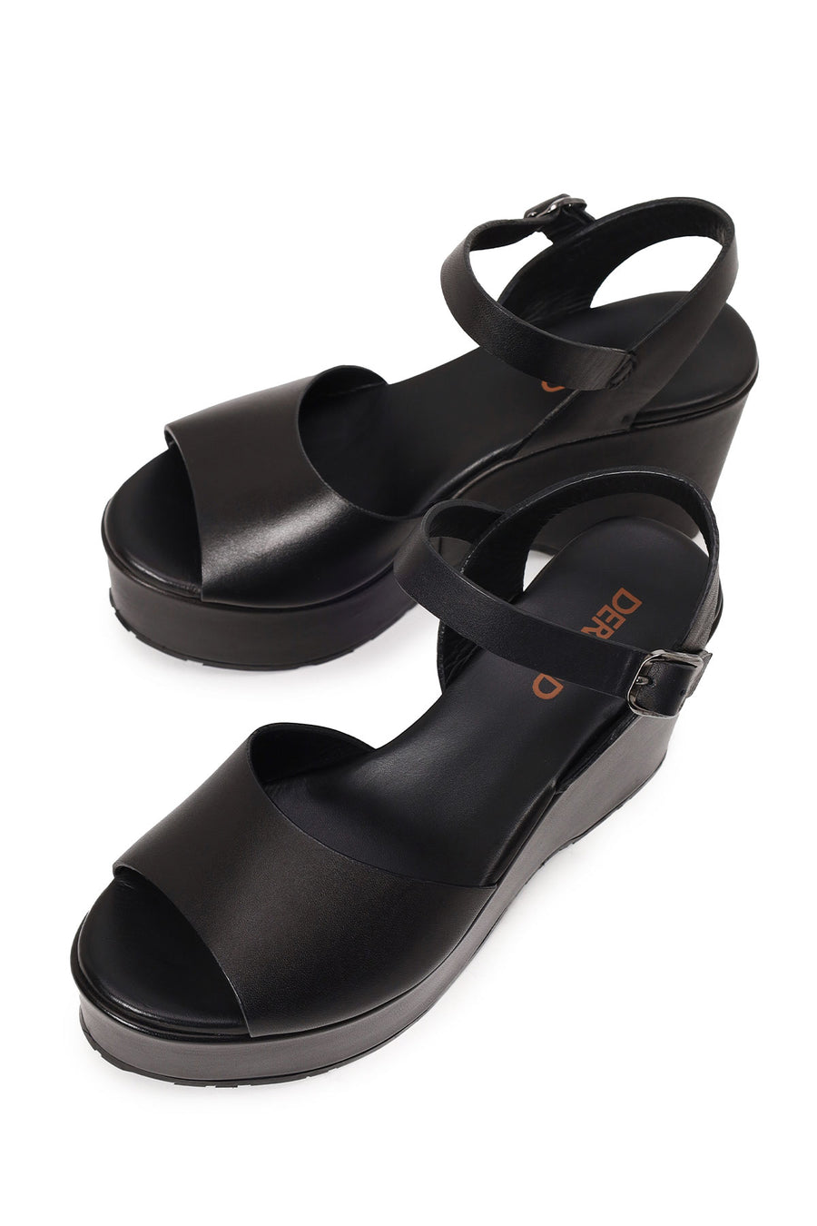 Woman Black Ankle-Buckle Wedge-Heel Leather Sandal