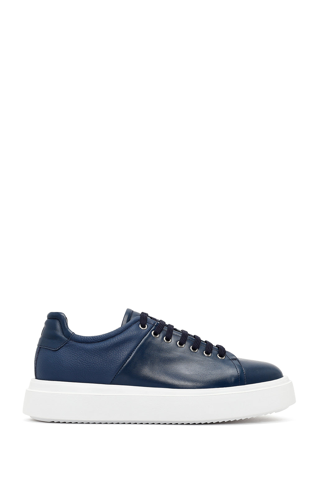 Erkek Lacivert Bağcıklı Kalın Tabanlı Deri Sneaker