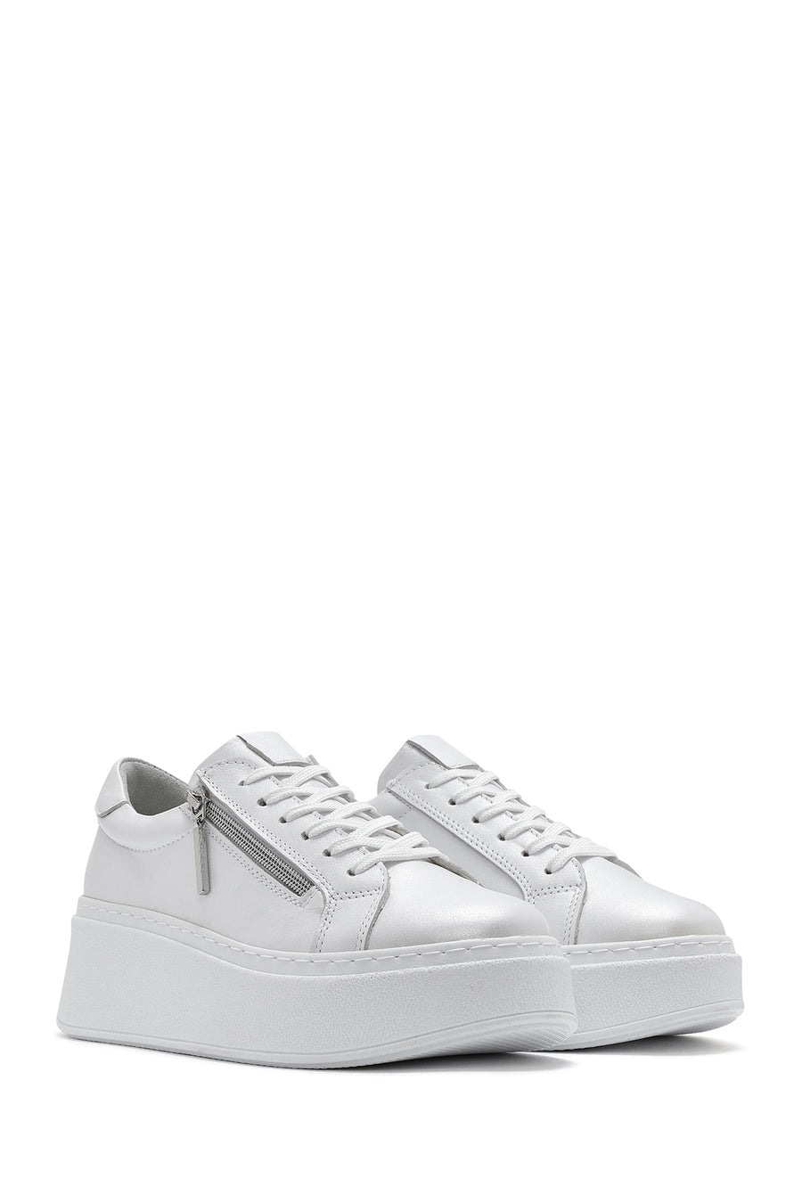 Kadın Beyaz Kalın Tabanlı Yandan Fermuarlı Bağcıklı Deri Sneaker