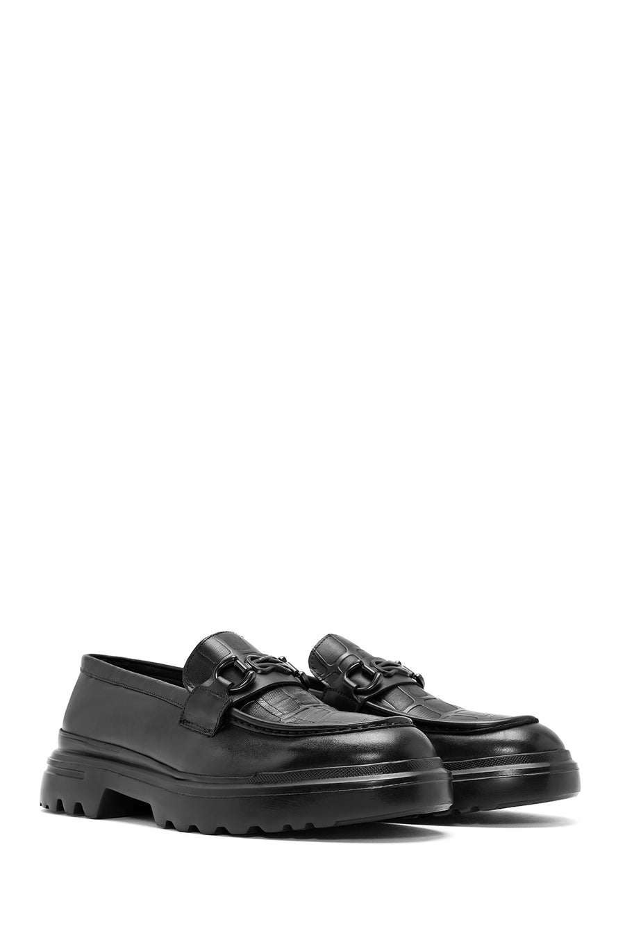 Men's Black Printed Buckle Detailed Leather Loafer