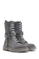Women's Gray Suede Leather Buckle Flat Boots | Derimod