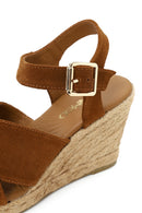 Woman Tan Ankle Buckled Wedge Heel Suede Espadrilles Sandal | Derimod