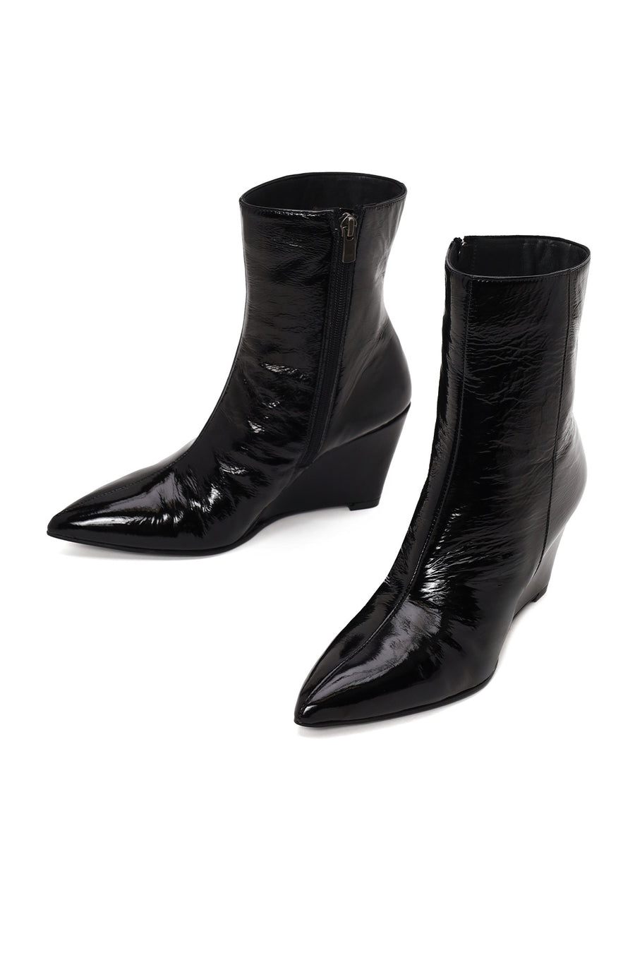 Woman Black Zip Closure Wedge Heel Leather Boots