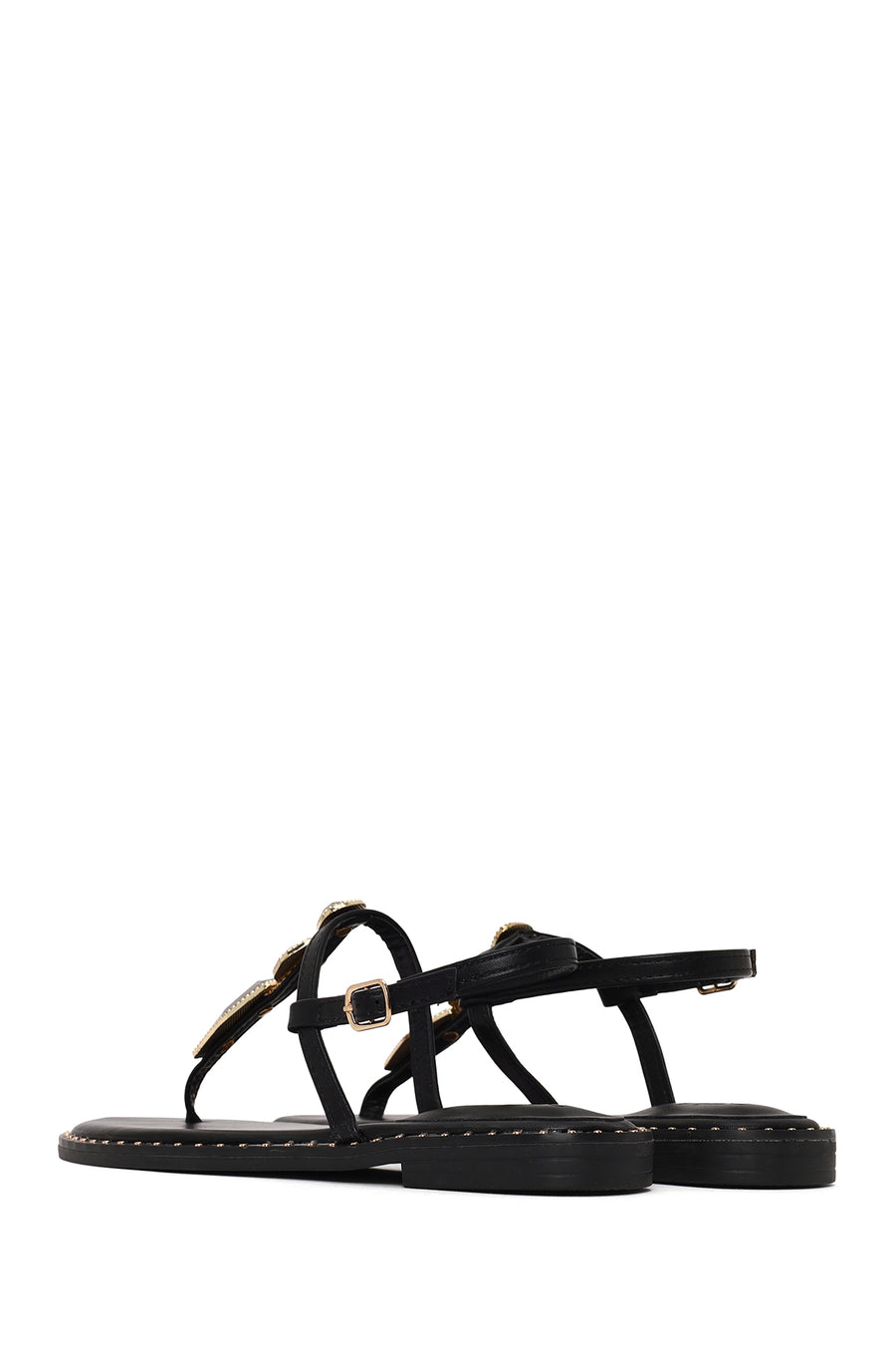 Woman Black Ankle-Buckle Embellished Toe-Post Sandal